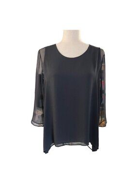 Lola & Sophie Womens Sheer Sleeve Blouse~Size M~Black Tunic Silk Top~L12 22
